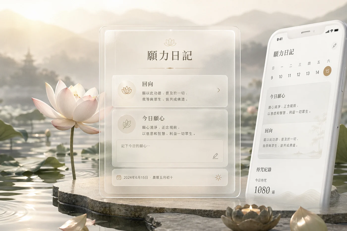 滿願日記玻璃介面與手機在柔和晨光蓮池中